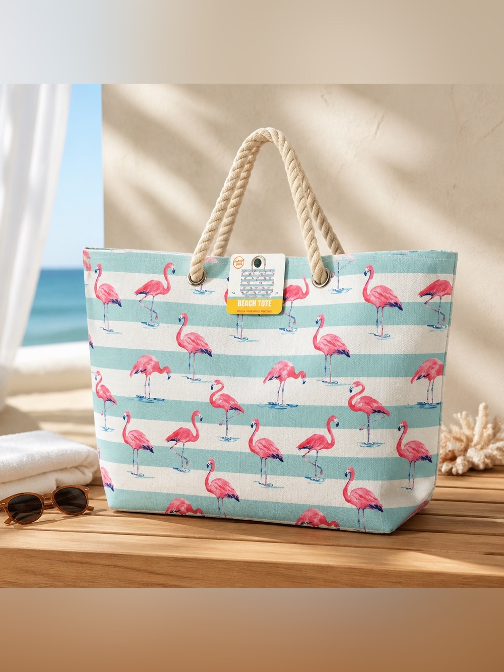 Flamingo Summer Fun Beach Tote Rope Handles 21x15x6 New